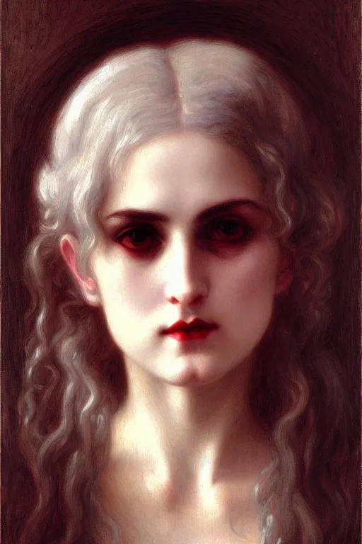 Prompt: victorian vampire white hair painting by rossetti bouguereau, detailed art, artstation