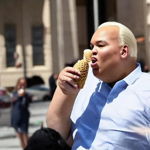 Prompt: an award winning photo of extremely fat joe Biden eating an ice cream cone, he’s wearing a diaper