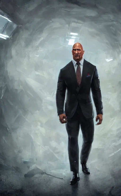 Image similar to dwayne johnson wearing a suit as the president of the united states, dynamic lighting, photorealistic fantasy concept art, trending on art station, stunning visuals, creative, cinematic, ultra detailed