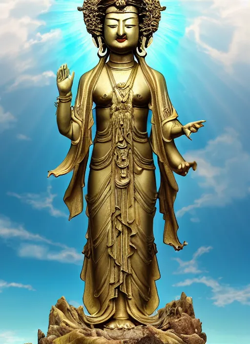 Image similar to guanyin stand on big loutus, a godness of the southern seas, a realistic setting with muted colors, visual novel cover, by yoshitaka amano, zeng fanzhi, jane hamilton, tiffany studios, sunrays shine uponit, frostbite 3 engine, cryengine, dof, trending on artstation, digital art, fantasy detailed background