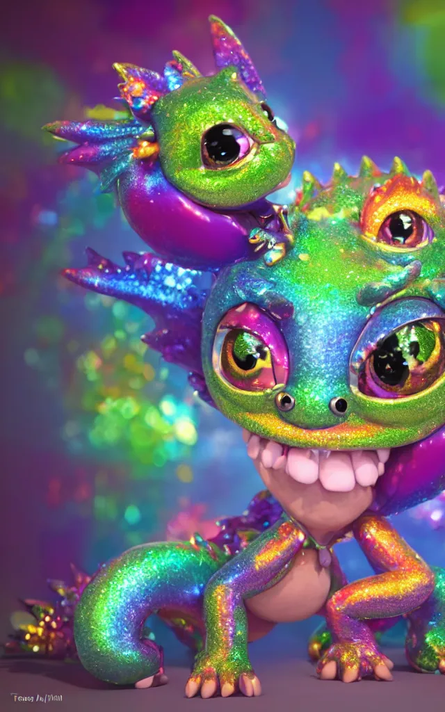 Image similar to a cute baby dragon, big eyes, pixar animation style, soft fur, by jeff koons, by lisa frank, octane render, by takashi murakami, toy, glitter, sparkly, colorful, spectral color, 5 d, ultra - hd, happy, good, mini, volumetric lighting