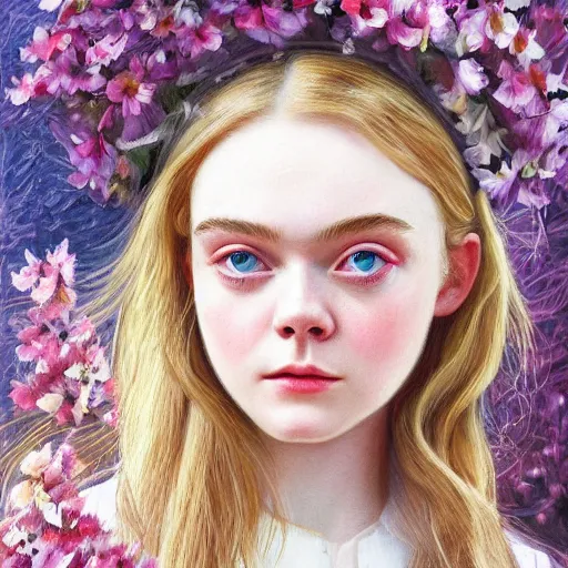 Image similar to professional painting of Elle Fanning in the style of Sophie Anderson, head and shoulders portrait, symmetrical facial features, smooth, sharp focus, illustration, intricate, stormy weather, extremely detailed masterpiece,