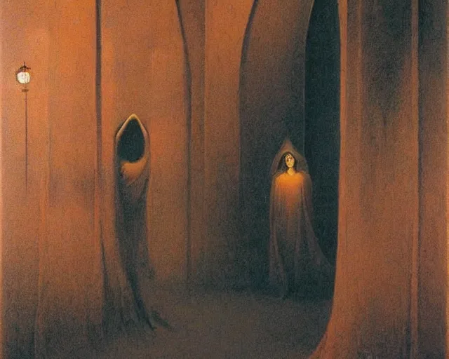 Image similar to by francis bacon, beksinski, mystical redscale photography evocative. devotion to the scarlet woman in her cathedral, priestess in a conical hat, coronation, ritual, sacrament, lamprey