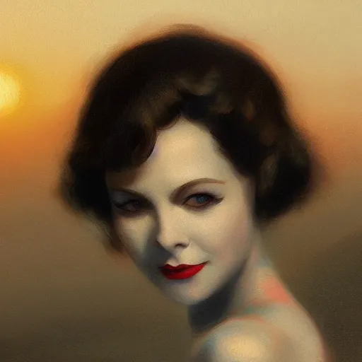 Prompt: a closeup portrait of a young vivian leigh, 1 9 2 0 s, femme fatale, gorgeous view, sunset, film noir, serene, high detail, depth, masterpiece by greg rutkowski, digital art, trending on artstation