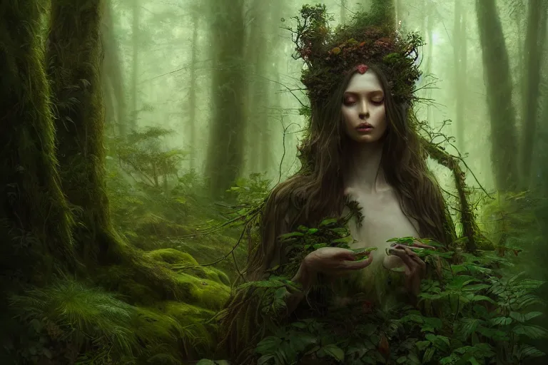 Image similar to close up portrait of an antropomorthic earth angel, forest spirit, in a forest, natural light, lush plants and flowers, elegant, intricate, dark fantasy, atmospheric lighting, by Greg rutkowski