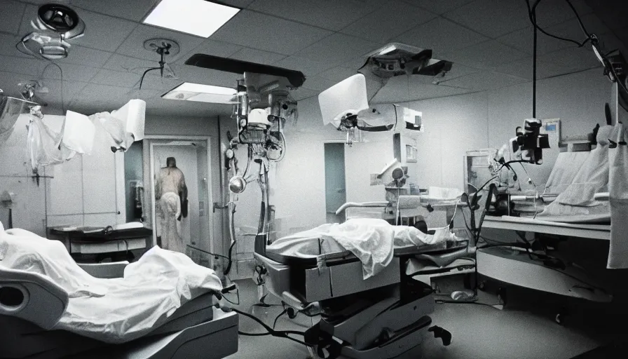 Image similar to 7 0 s film still from a horror movie about one person inside of an operating room, surgery, kodachrome, cinecolor, cinestill, film grain, film texture, retro, cinematic, high resolution, photorealism,