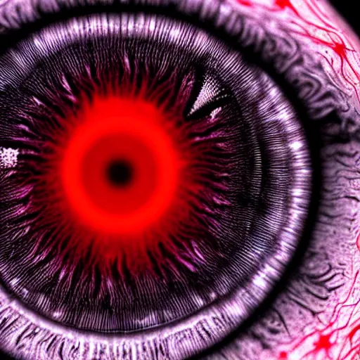 Image similar to a detailed extremely close up of inside the iris, cornea, red image, microscopic, extremely close up drawing by junji ito, cgsociety, generative art, lovecraftian, parallax, cosmic horror, extremely detailed, hyperrealism, unreal engine, octane render, award winning, masterpiece, highly detailed, realistic, 4 k, digital