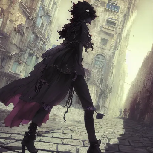 Prompt: goth woman walking on the street, color page, tankoban, 4 k, tone mapping, akihiko yoshida, james jean andrei riabovitchev marc simonetti, yoshitaka amano, long hair, curly, h. hydrochaeri