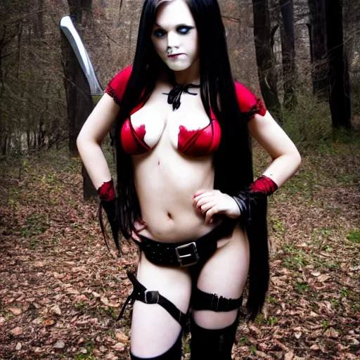 Prompt: photo of a real-life beautiful female vampire warrior, wide angle shot