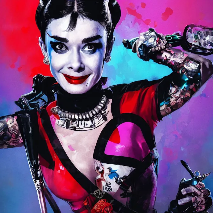 Image similar to portrait of Audrey Hepburn as a harley quinn in Suicide Squad. intricate abstract. intricate artwork. by Tooth Wu, wlop, beeple, dan mumford. octane render, trending on artstation, greg rutkowski very coherent symmetrical artwork. cinematic, hyper realism, high detail, octane render, 8k, iridescent accents