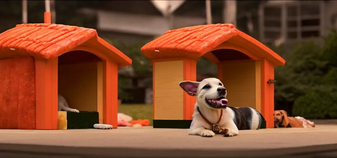 Image similar to a very high resolution image from a new movie. a dog house made of sushi. close up. 2 0 0 mm, dof, photorealistic, photography, directed by wes anderson