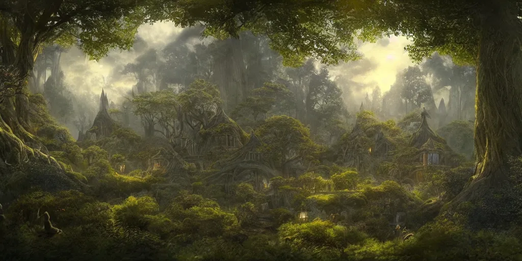 Image similar to Lothlórien with elven homes on trees, evening, detailed matte painting, cinematic, Alan Lee, Artstation