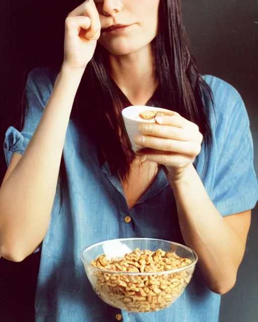 Prompt: 2 0 years old plump courtney cox eating cereal in her boyfriend's shirt, redshift, colour shift, wide shot, coloured polaroid photograph, pastel, kodak film, hyper real, stunning moody cinematography