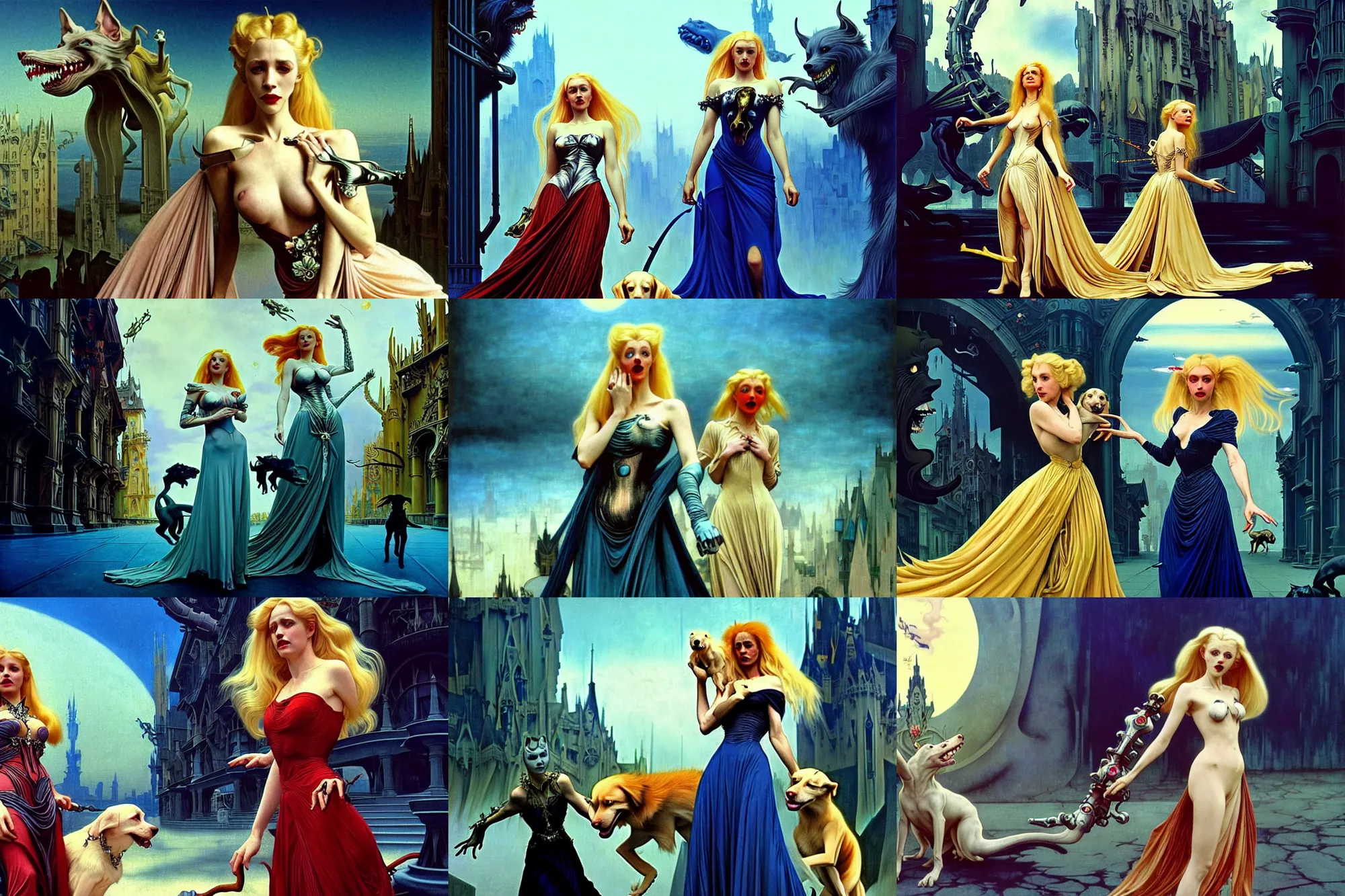 Prompt: realistic detailed movie shot of a beautiful blond vampire woman in a dress with a cerberus, futuristic street background by denis villeneuve, amano, yves tanguy, alphonse mucha, max ernst, caravaggio, edward robert hughes, roger dean, rich moody colours, dog teeth, blue eyes