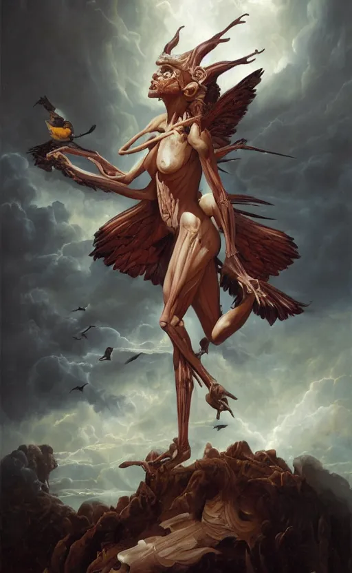 Prompt: an anatomical oil painting of a Harpy from a medical journal by Peter Mohrbacher and Julie Bell, highly detailed, high detail, 8k, storm clouds, birds, dramatic lighting