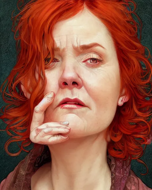 Image similar to portrait of happy short and plump 5 0 - year - old woman with red hair and, kind face, round face, short hair, molly weasley, wearing in cardigan, hyper realistic face, beautiful eyes, close up, fantasy art, in the style of greg rutkowski, intricate, alphonse mucha, hyper detailed, smooth