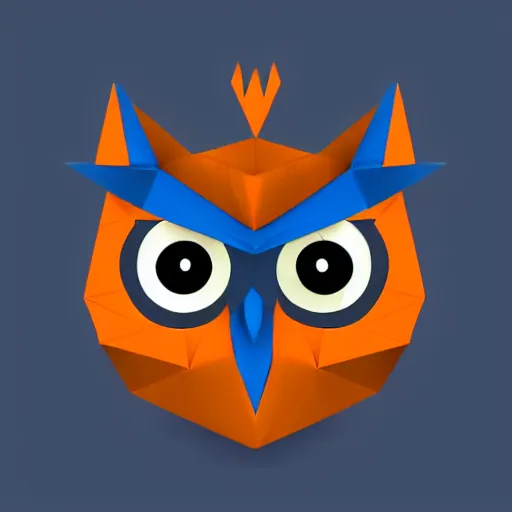 Image similar to logo featuring an owl's head as origami art with piercing white eyes, blue and orange colors, white background, Cut style, detailed