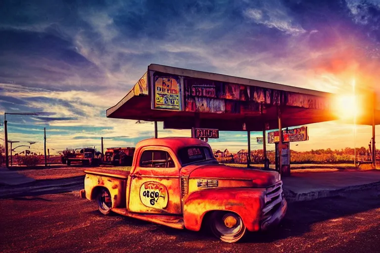 Image similar to a sunset light landscape with historical route 6 6, lots of sparkling details and sun ray ’ s, blinding backlight, smoke, volumetric lighting, colorful, octane, 3 5 mm, abandoned gas station, old rusty pickup - truck, beautiful epic colored reflections, very colorful heavenly, softlight