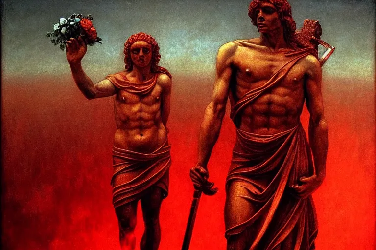 Image similar to only with red, a red melted apollo with a laurel wreath and a flaming sword announce the win, athens in the background, pathos, in the style of beksinski, part by hopper, part by rodcenko, part by hofbauer, intricate composition, red by caravaggio, insanely quality, highly detailed, masterpiece, red light, artstation, 4 k