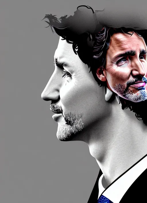 Image similar to a profile portrait of justin trudeau with a zippered opening into skull showing the cranial cavity, zippered opening in skull, inside head cobwebs, dust and rats, digital art, highly detailed