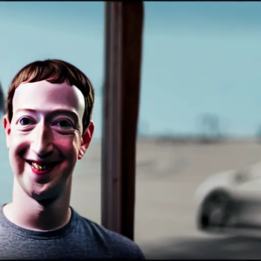 Prompt: closeup photo of mark zuckerberg dressed as pee wee herman, sunny day, village house, pastoral, happy, cinematic, art by jan urschel and neil blevins