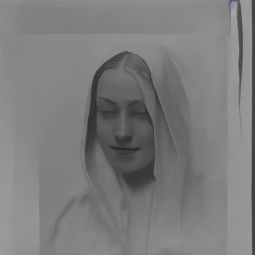 Prompt: filmstill photography of female face covered with white translucent blanket, old victorian room