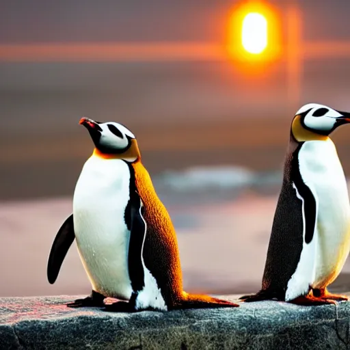 Image similar to close-up photo of a 2 penguins sitting together watching city lights shallow depth of field, photorealistic, cinematic lighting, warm colours, dusk