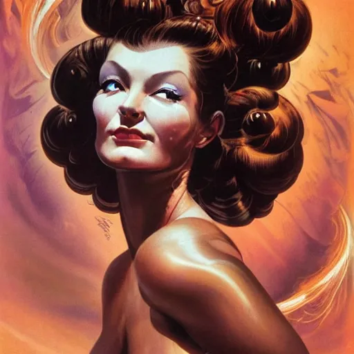 Image similar to portrait of a woman with swirling hair and fractal skin by frank frazetta, retrofuturism, psychedelic art reimagined by industrial light and magic