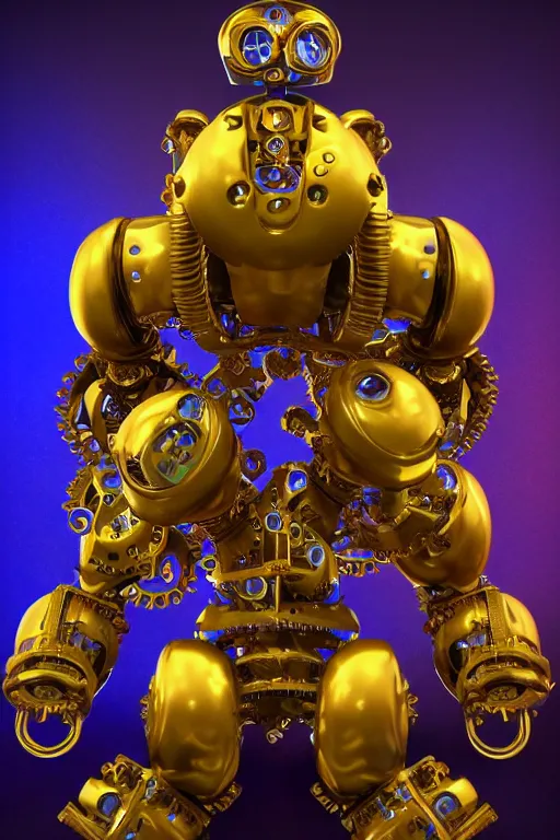 Image similar to portrait photo of a giant muscular golden and blue metal steampunk robot bodybuilder bouncer security with gears and tubes, eyes are police lights, shiny crisp finish, 3 d render, 8 k, insaneley detailed, fluorescent colors, background is multicolored lasershow