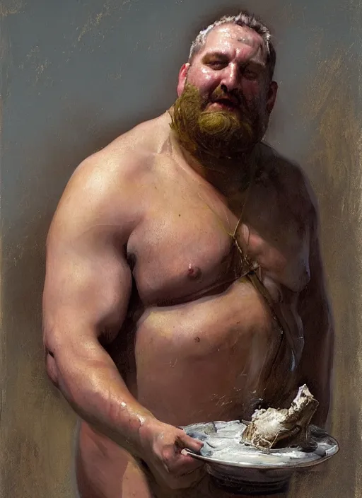 Prompt: beautiful oil painting portrait of hefty ethan van sciver as an ancient roman god holding up a steaming pie with one arm, art by anders zorn, wonderful masterpiece by greg rutkowski, expressive brush strokes, beautiful cinematic light, american romanticism by greg manchess, jessica rossier, wlop, artgerm, featured on artstation, cgsociety, award winning