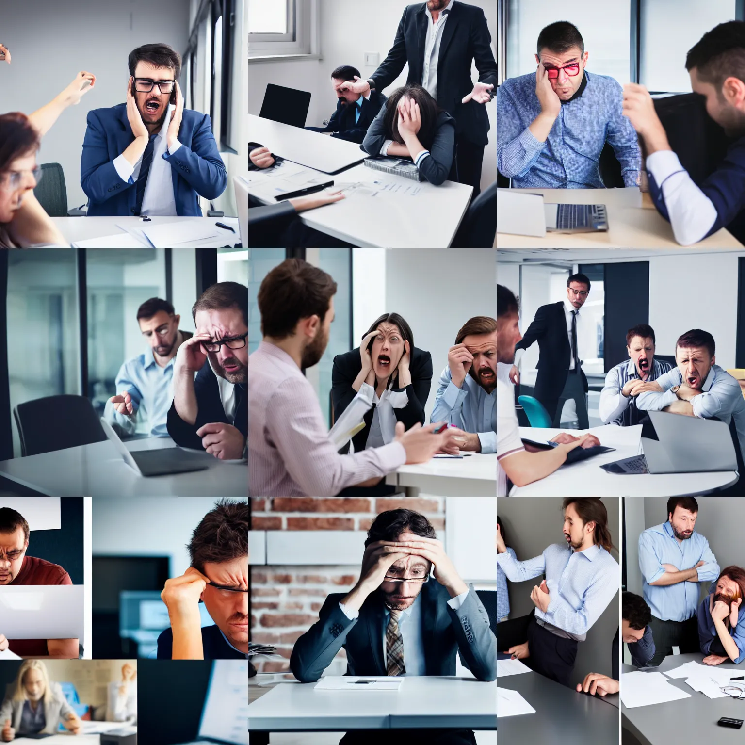 Prompt: stock photography of a stressed ux designer being bullied by the bosses in a cold office
