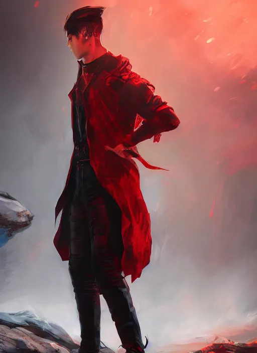 Image similar to An epic fantasy comic book style portrait painting of a young man with black undercut haircut, wearing red clothes, black overcoat, blue jeans. Unreal 5, DAZ, hyperrealistic, octane render, cosplay, RPG portrait, dynamic lighting