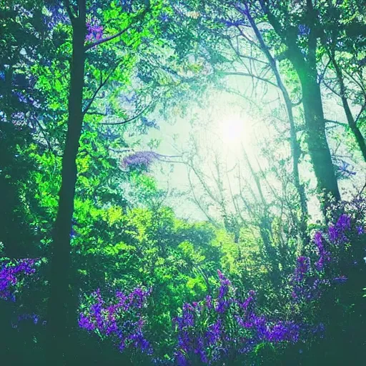 Prompt: The moon was shining in a clearing with flowers, Reflected the sun in blue, Lights in every house Through the foliage of trees, soothing, relaxed, serene, soothing, cozy, calm, quiet, pastel, delicate, elegant, refined, fragrant, soft, airy, elegant, gentle, soft, light