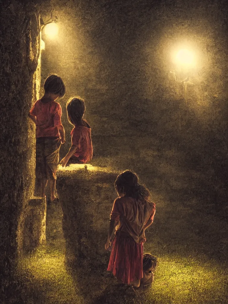 Prompt: backlit portrait of 2 kids at night, by cristobal toral, manuel lopez villasenor, high definition, intricate details, atmospheric, vegetation, small town