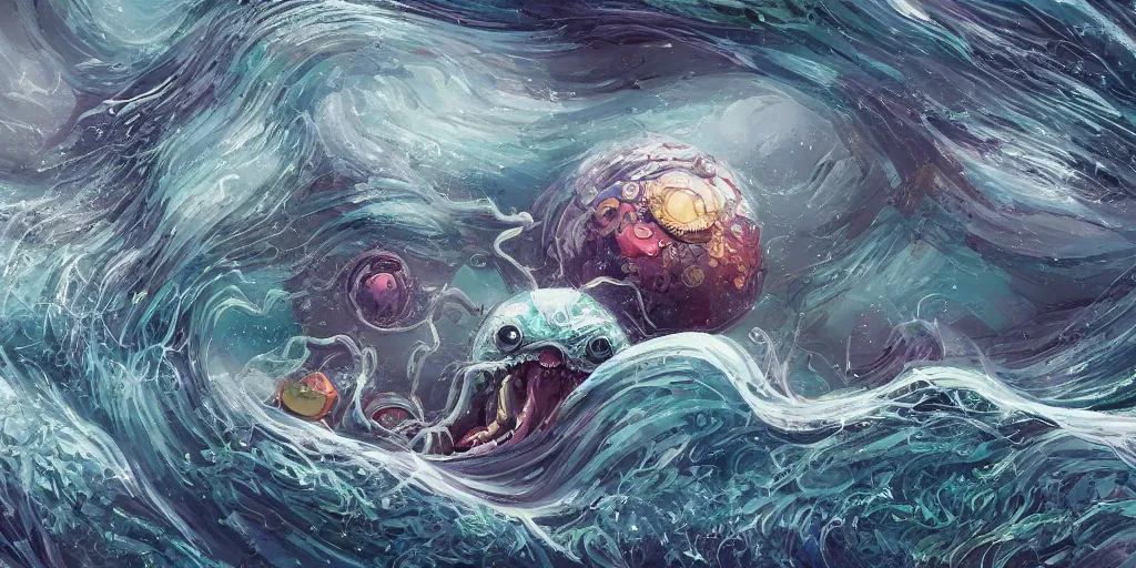 Prompt: of a stormy wide sea with large strange happy flying creatures with huge eyes, mouth, long tongue and round teeth appearing from the sky, in the style of gehry and gaudi, macro lens, highly detailed, shallow depth of fielf, digital painting, trending artstation, concept art, illustration, cinematic lighting, vibrant colors, photorealism, epic, octane render