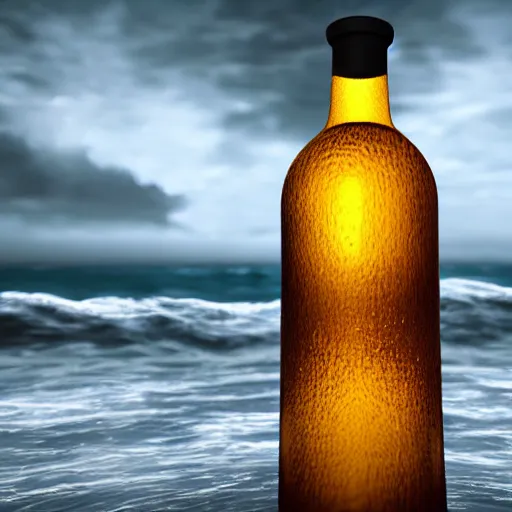 Image similar to an ocean with big waves and a storm inside a bottle, digital painting, high contrast, unreal engine render, volumetric lighting, high détail