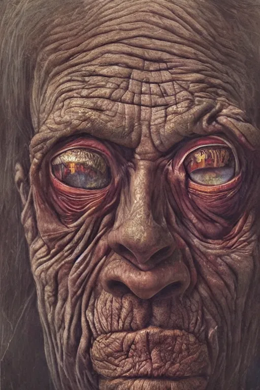 Image similar to hyperrealism oil painting, close - up portrait of a scary old man with a thousand eyes and mandibles, in style of baroque zdzislaw beksinski