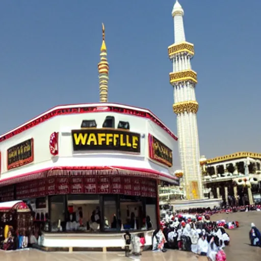 Prompt: waffle house restaurant at the kaaba mecca, realistic