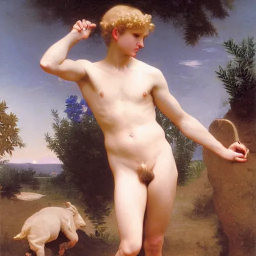 Image similar to Painting of a blond male Venus Apollo. Art by william adolphe bouguereau. During golden hour. Extremely detailed. Beautiful. 4K. Award winning.
