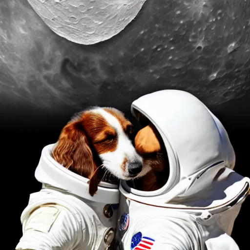 Prompt: two kooikerhondje kissing wearing an astronaut suit in the moon