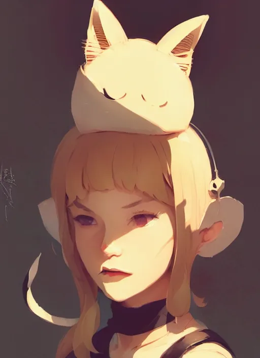 Image similar to portrait of cute catgirl with cat ears, by atey ghailan, by greg rutkowski, by greg tocchini, by james gilleard, by joe gb fenton, by in kaethe butcher, dynamic lighting, gradient light yellow, brown, blonde cream and white color in scheme, grunge aesthetic