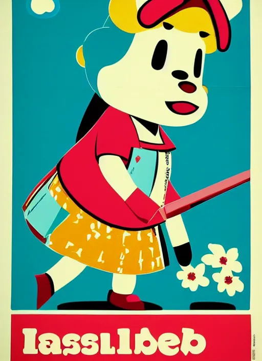 Image similar to Polish posters for Isabelle from Animal Crossing. Screen printed, silkscreen, two-tone paper texture. 1968