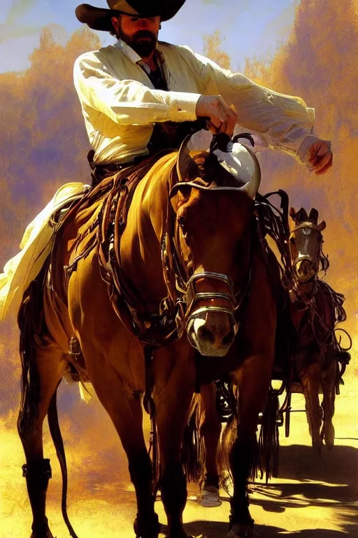 Image similar to hyperrealist portrait of a cowboy driving stage coach by thomas moran and fredrick remington and alphonse mucha, fantasy art, photo realistic, dynamic lighting, artstation, poster, volumetric lighting, very detailed faces, 4 k, award winning