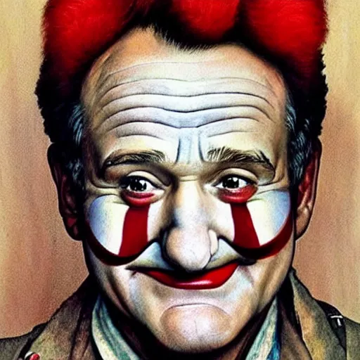 Image similar to Robin Williams wearing clown make up, white face red nose. painted by Norman Rockwell