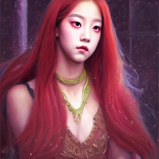 Image similar to a painting of jisoo of blackpink in the style of donato giancola, and in the style of charlie bowater, and in the style of jules ferdinand jacquemart, symmetry, smooth, sharp focus, semi - realism, photo realistic, dynamic lighting, artstation, poster, volumetric lighting, very detailed face, intricate complexity, 8 k, award winning