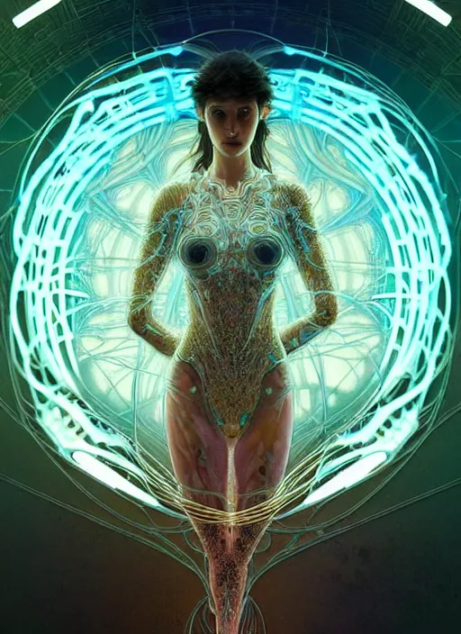 Image similar to fractals!! water, hybrids, tech wear!!!, scifi, glowing lights!! intricate elegant, highly detailed, digital photograph, artstation, concept art, smooth, sharp focus, thin glowing wires, illustration, art by artgerm and greg rutkowski and alphonse mucha, singularity!!!