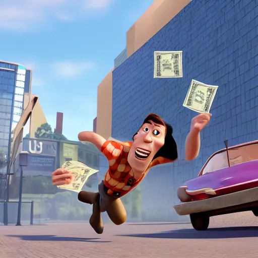 Prompt: thief escaping a robbery with a bag of money. pixar style