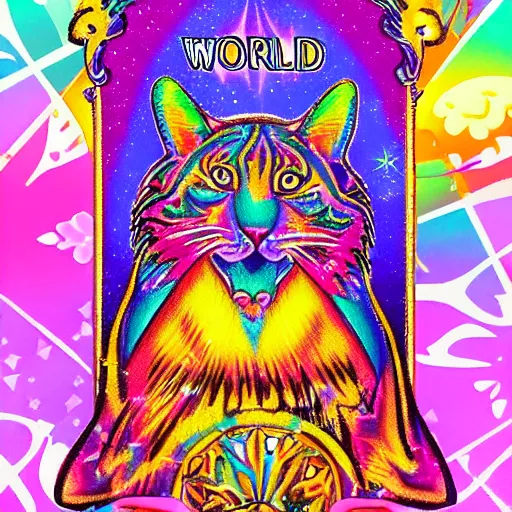 Prompt: lisa frank the world tarot card photorealistic