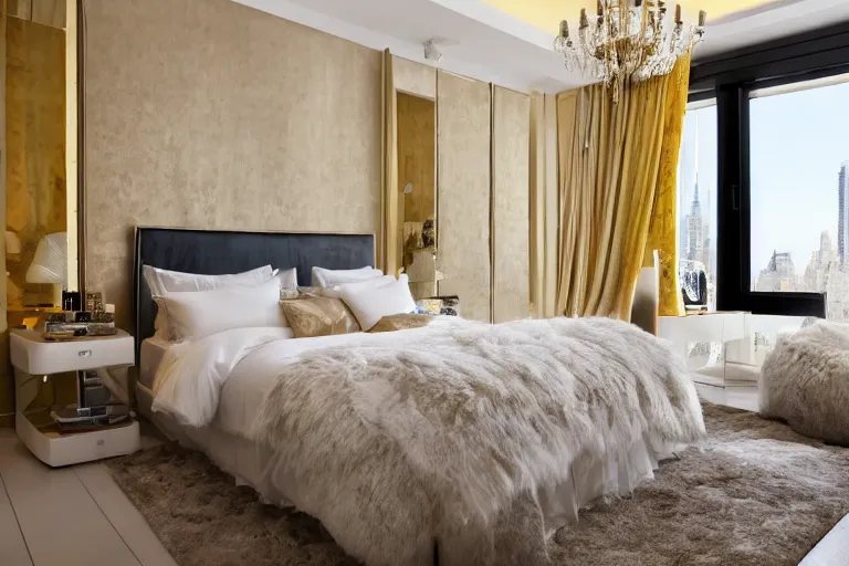 Image similar to A sunny bedroom, exquisite decoration, all New York Apartments style furniture, polar bear, high tech