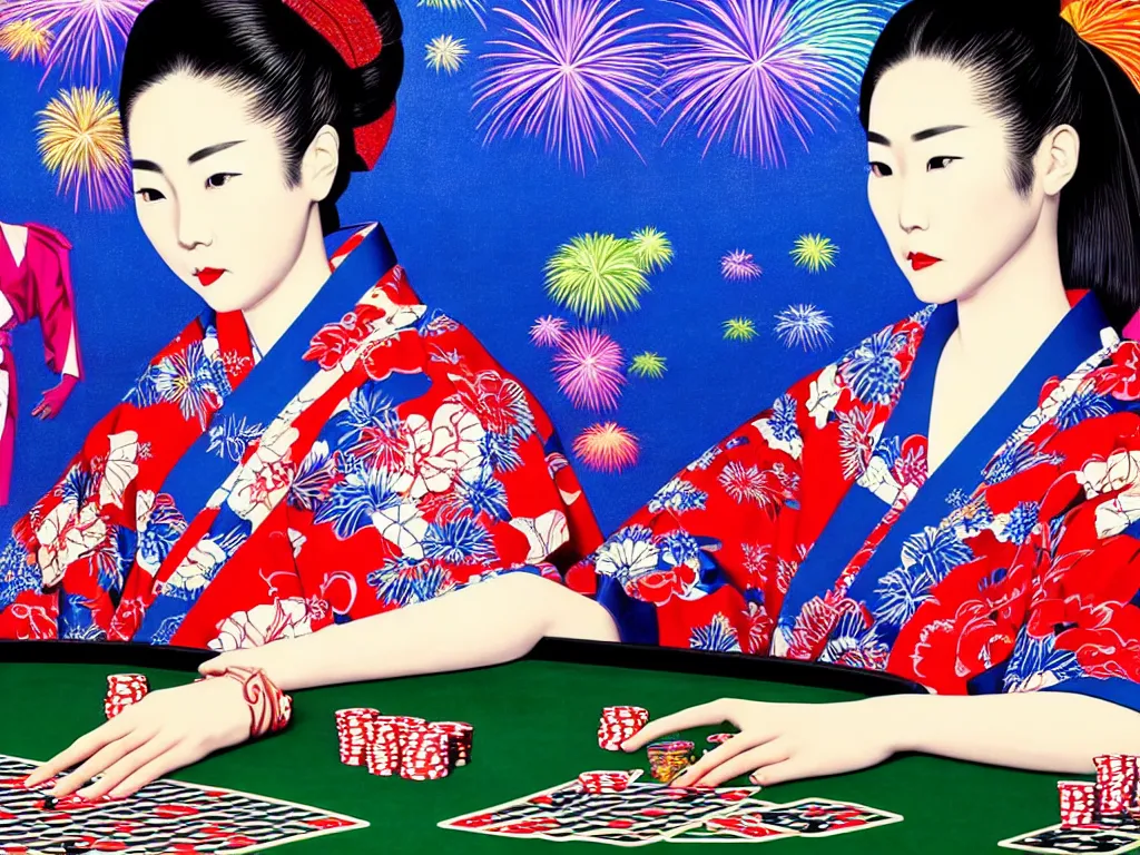 Image similar to hyperrealistic composition of the detailed woman in a japanese kimono sitting at a extremely detailed poker table with detailed darth vader, fireworks, mount fuji on the background, pop - art style, jacky tsai style, andy warhol style, acrylic on canvas